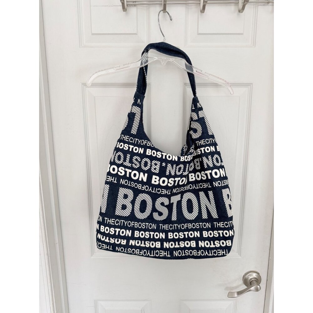 Robin Ruth Boston Blue Denim Canvas Zip Closure Hobo Tote Bag - Picture 3 of 5